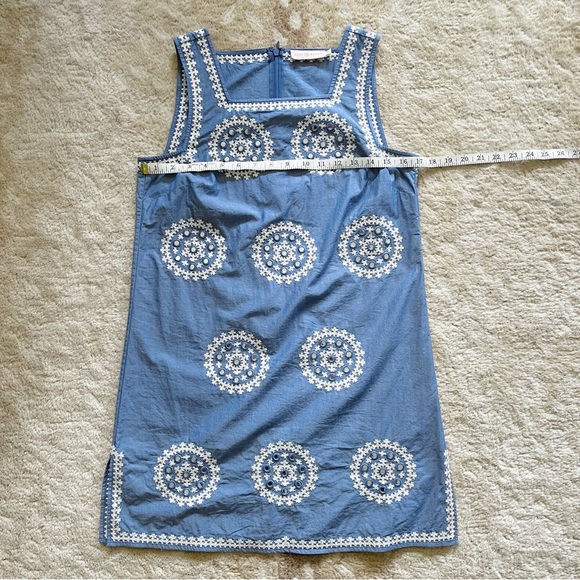 Tory Burch Embroidered Chambray Sleeveless Shift Dress Indigo Chambray Ivory, S - Picture 3 of 11